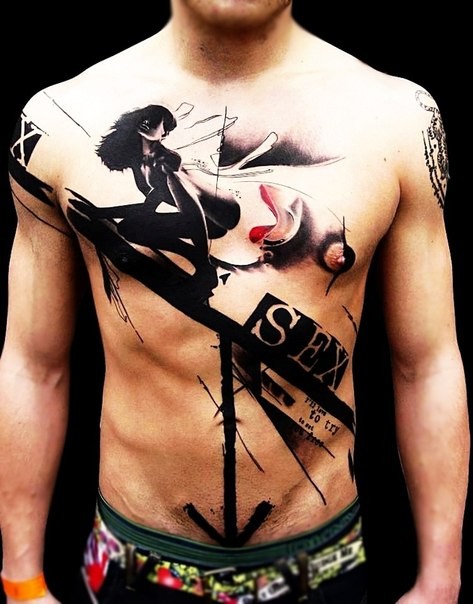 Fantasy style colored tattoo with lettering and arrow