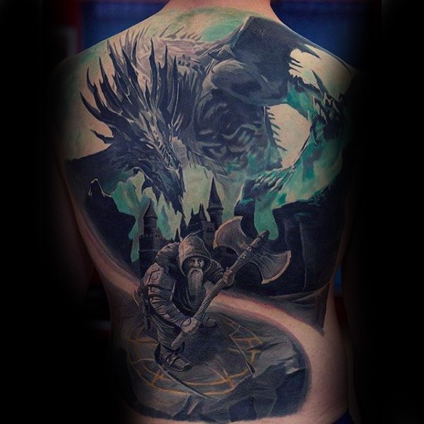 Fantasy style colored whole back tattoo of warrior with dragon