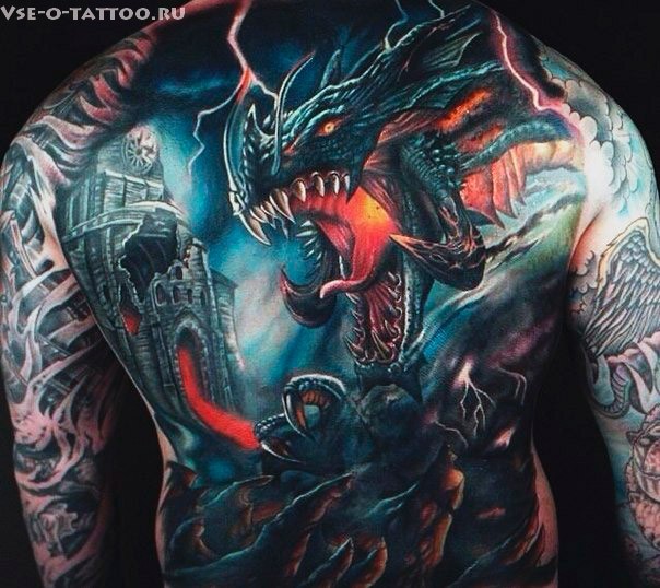 Fantasy style colored whole back tattoo of evil dragon with warrior