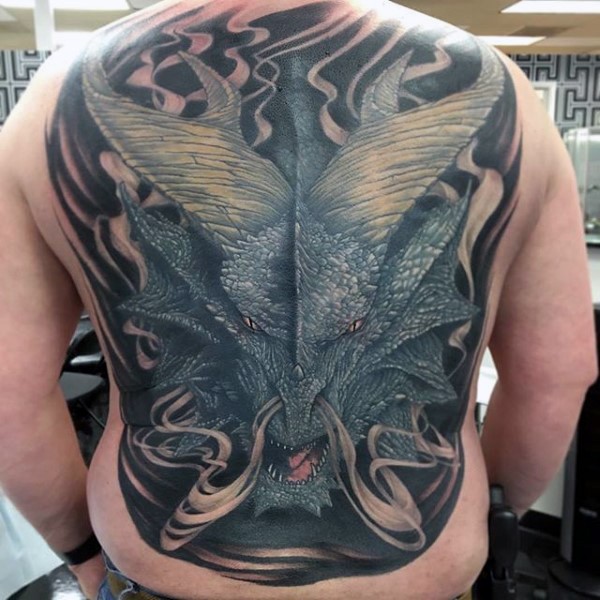 Fantasy style colored whole back tattoo of steamy fantasy dragon