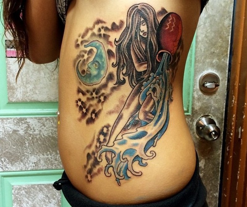 Fantasy style colored woman Aquarius tattoo on side with moon and stars