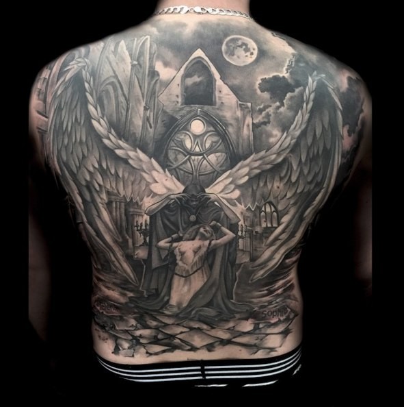 Fantasy style detailed black ink whole back tattoo of dead woman with angel and church