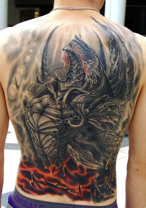 Fantasy world big very detailed creepy monster tattoo on whole back