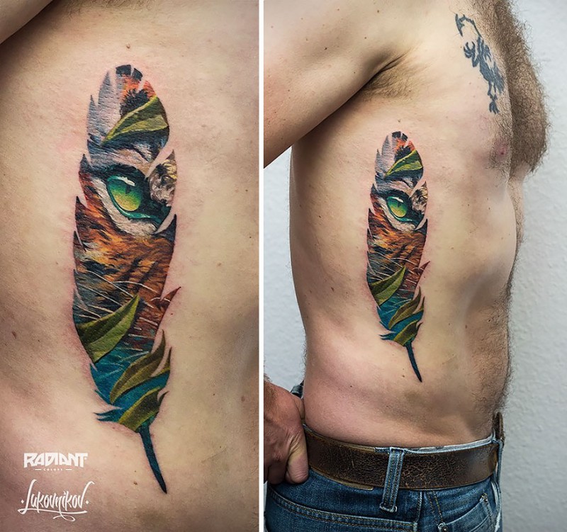 Feather shaped colored side tattoo stylized with tiger look