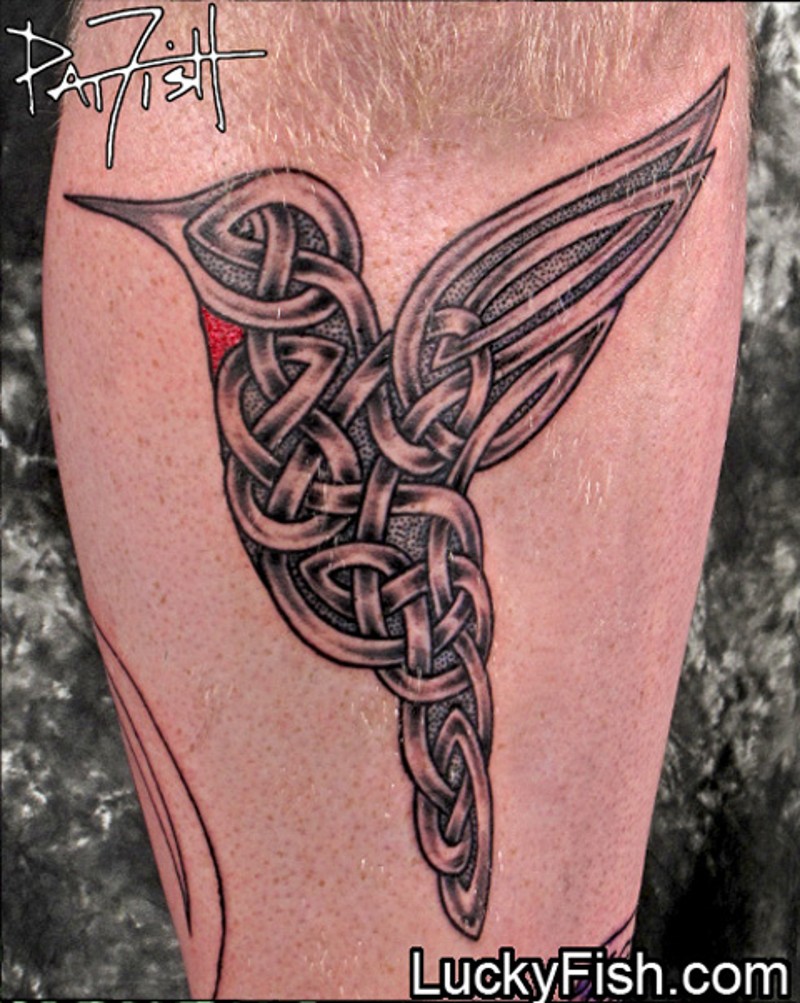 Flying hummingbird stylized with knot design tattoo