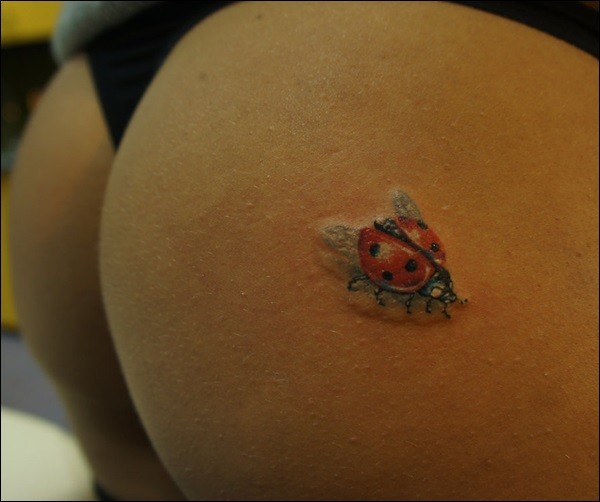 Tatuaggio colorato sul sederino della ragazza la coccinella rossa