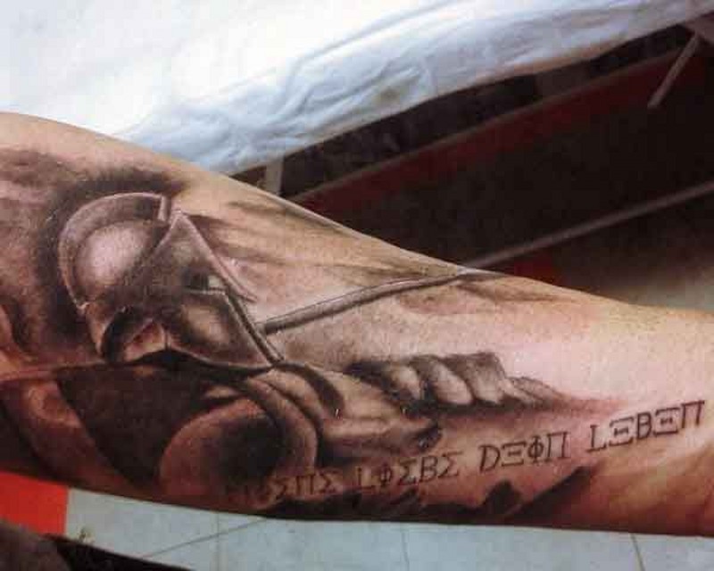 Forearm tattoo  of antic Spartan warrior