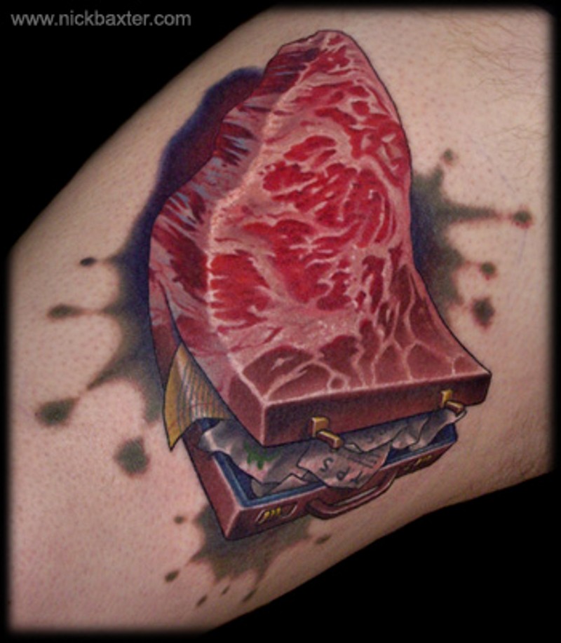 Fresh meat slice stylized suitcase original tattoo colored with paint drips