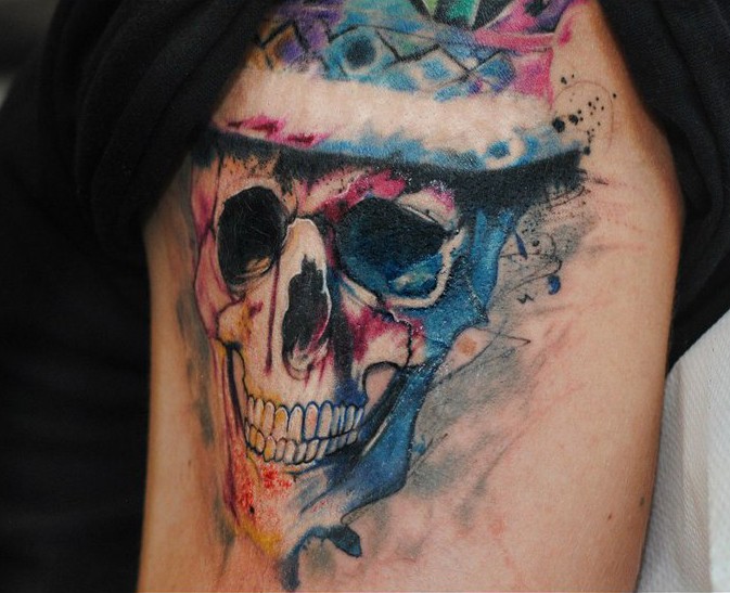 Coloured skull in hat tattoo  by dopeindulgence