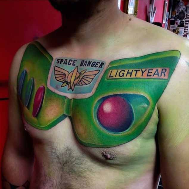 Funny 3D like big colored chest tattoo of fantasy space ranger armor with emblem
