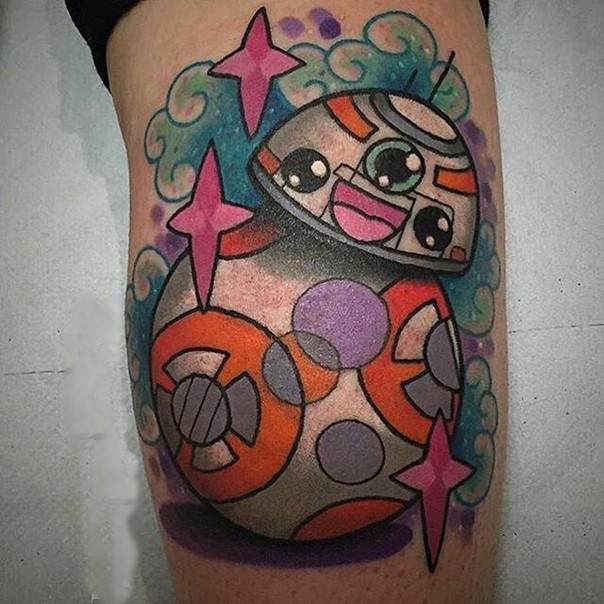 Funny Asian cartoons style colored new episode droid tattoo
