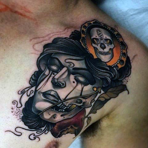 Funny black and white demonic woman portrait tattoo on chest with skull emblem