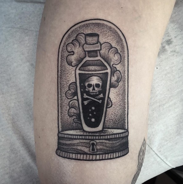 Funny black ink cartoon style painted tattoo of locked poison bottle