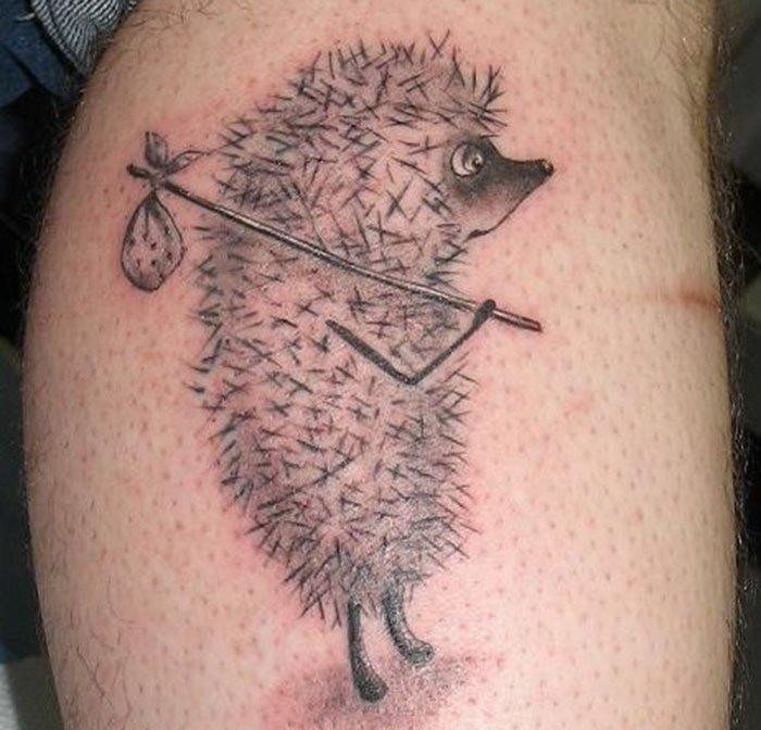 Funny cartoon hedgehog with bag on stick cute detailed tattoo