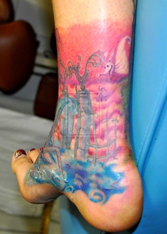 Funny cartoon like colored ankle tattoo of fantasy cemetery