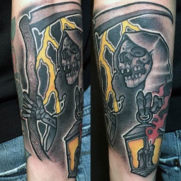 Funny cartoon like colored Death skeleton tattoo on forearm with street lighter