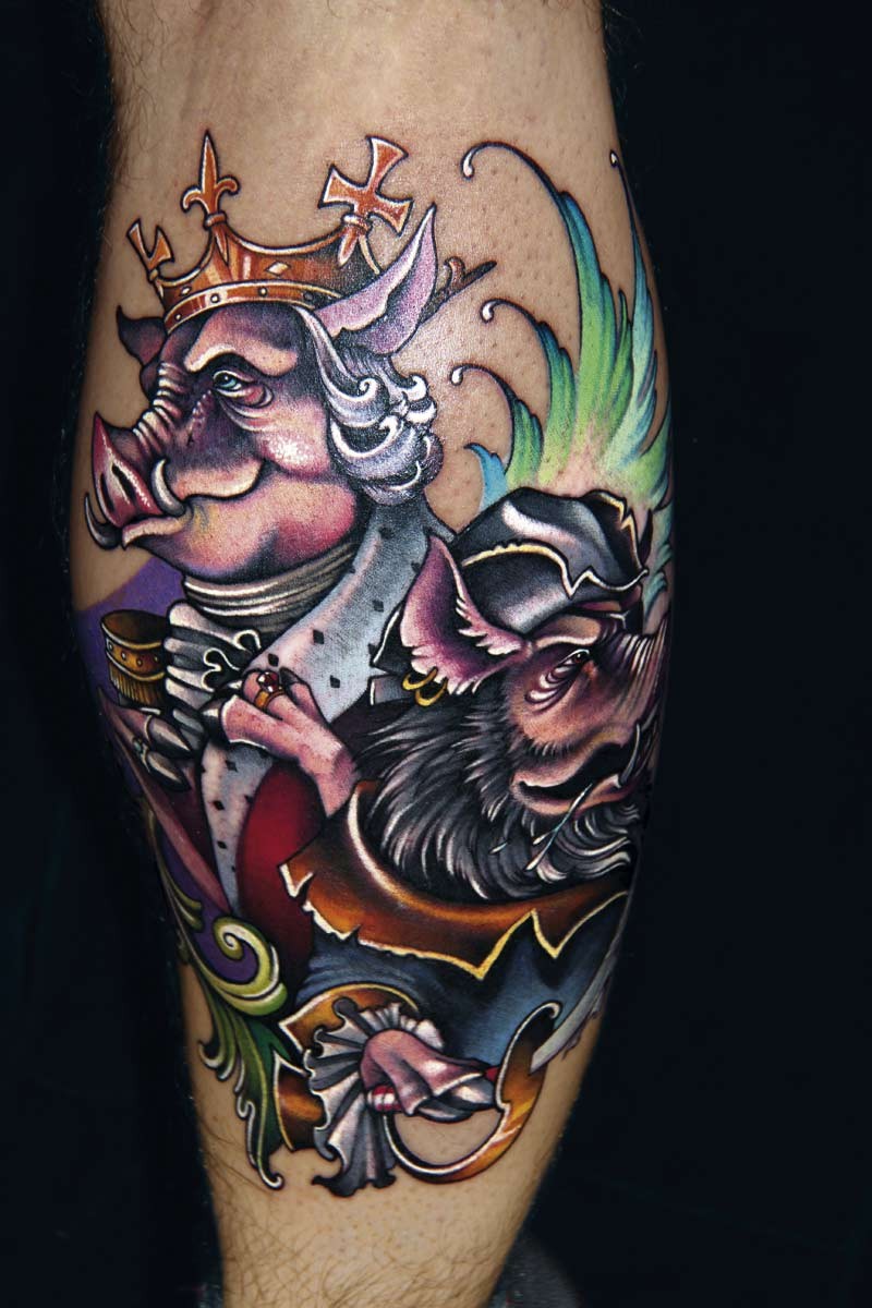 Funny cartoon style colored leg tattoo of fantasy pig king