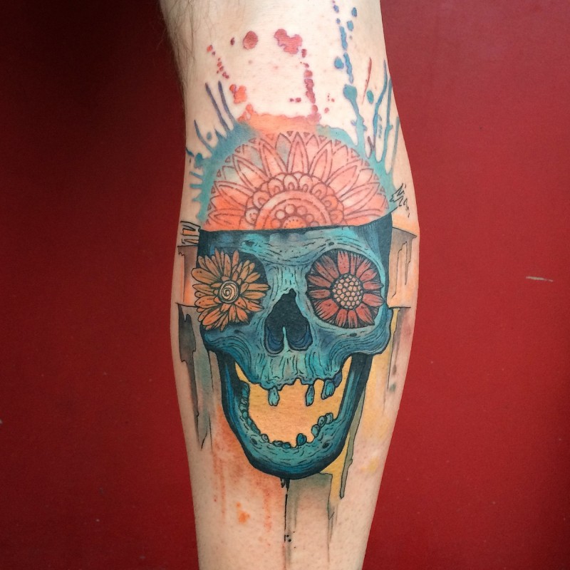 Funny cartoon style colored leg tattoo of human skull stylized with flowers