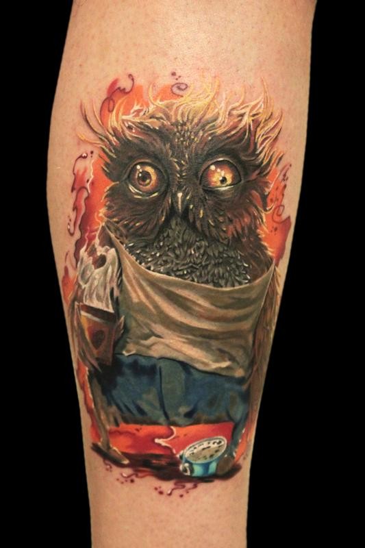 Funny cartoon style colored owl with clock tattoo
