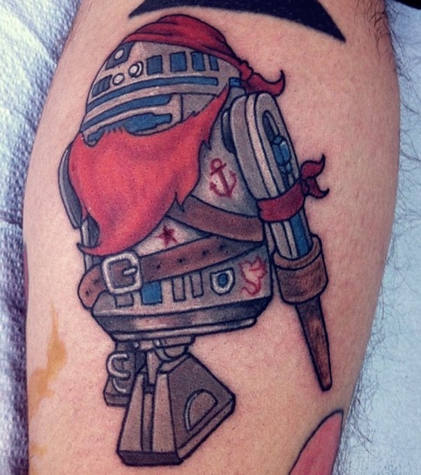 Funny cartoon style colored pirate R2D2 forearm tattoo
