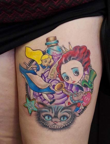 Funny cartoon style colored thigh tattoo of Alice in wonderlands heroes