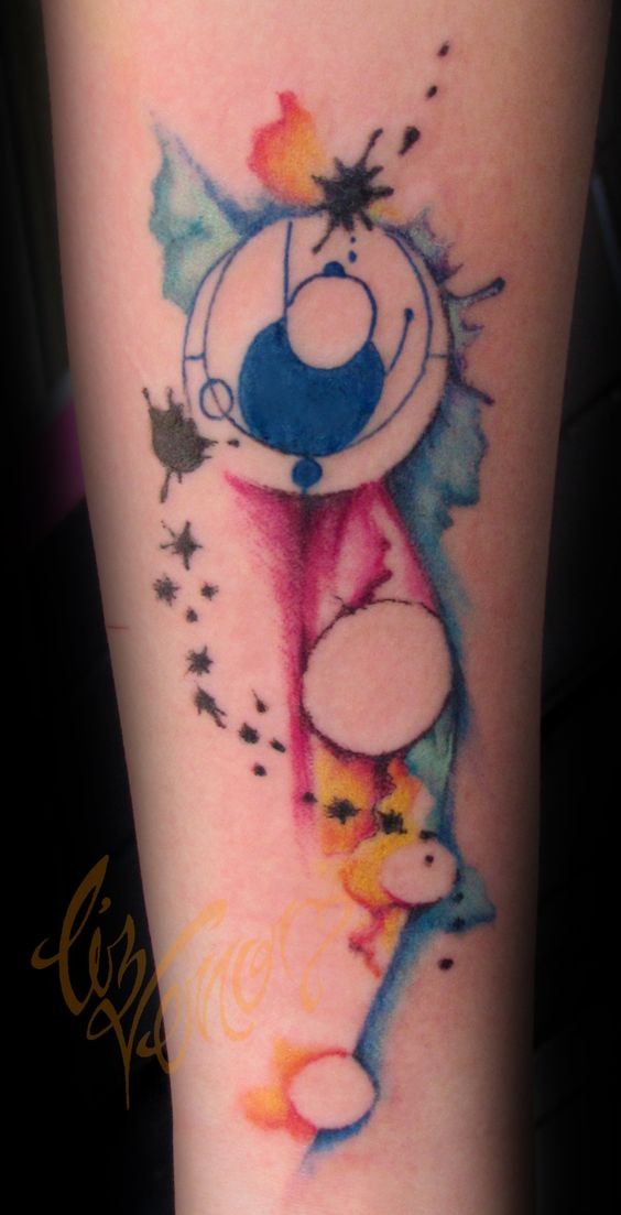 Funny cartoon style multicolored geometrical tattoo on arm