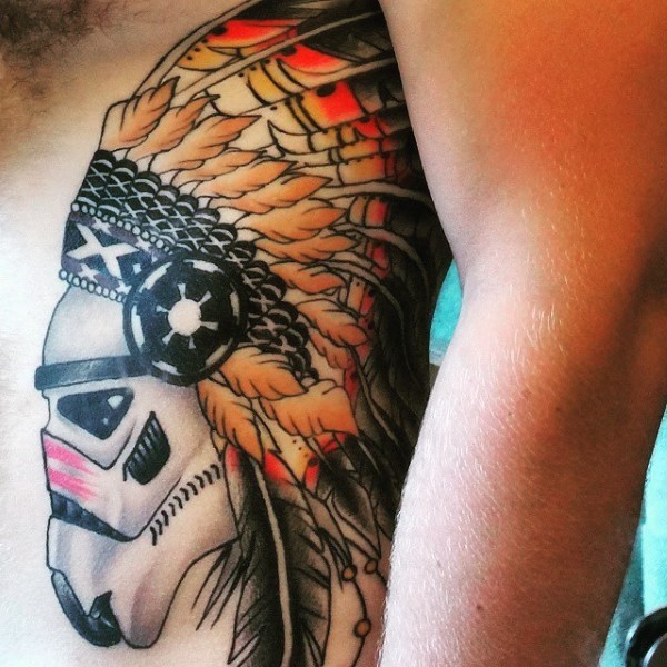 Funny combined colored storm troopers helmet with Indian feather hat tattoo on side