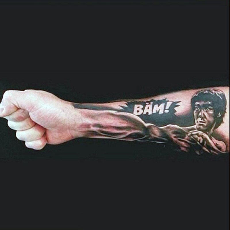 Funny designed awesome black and white Bruce Lee with lettering tattoo on sleeve