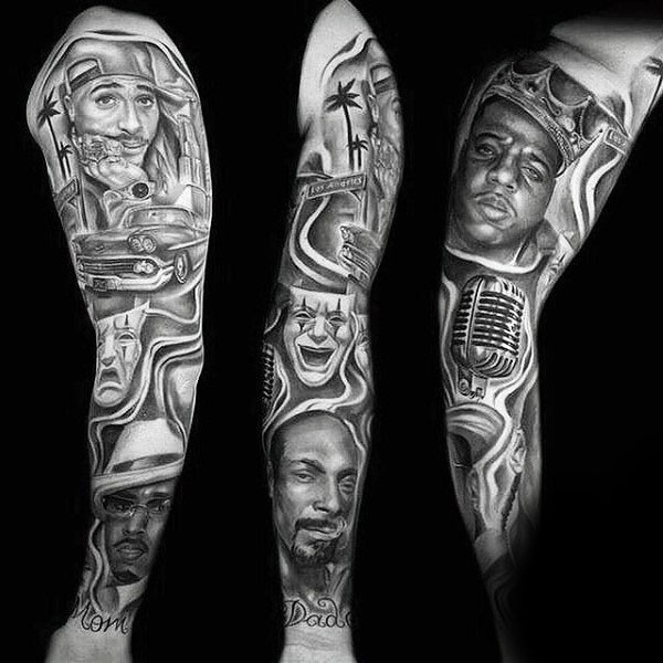 Funny designed black and white famous American gangsta musicians tattoo on sleeve