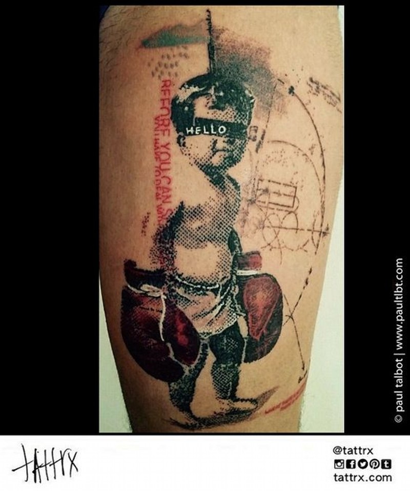 Funny designed colored little boy boxer tattoo on thigh with lettering