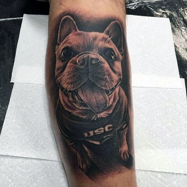 Funny dressed very detailed smiling dog portrait tattoo on arm
