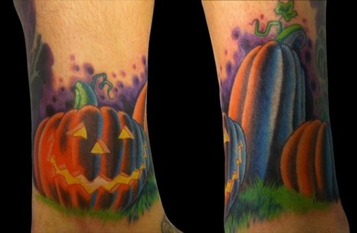 Funny fairy tale Halloween pumpkin tattoo with violet shadow