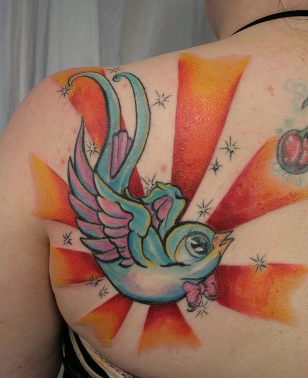 Funny fantasy colored flying bird tattoo on back with stars