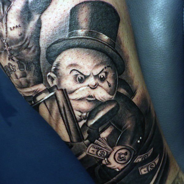 Funny forearm tattoo of angry old man with moneys