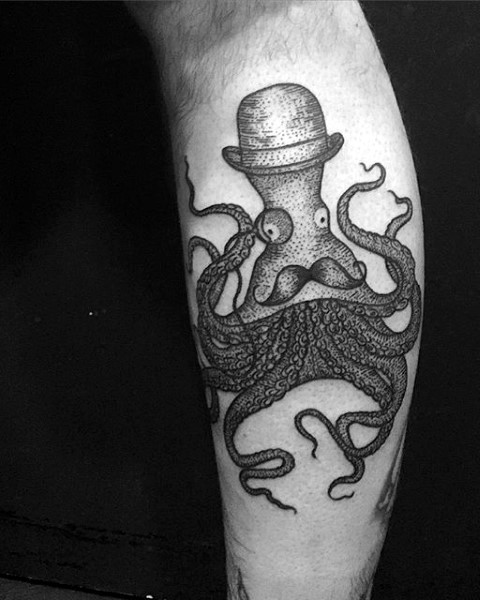 Tatuaje en la pierna, pulpo caballero divertido con sombrero y bigotes
