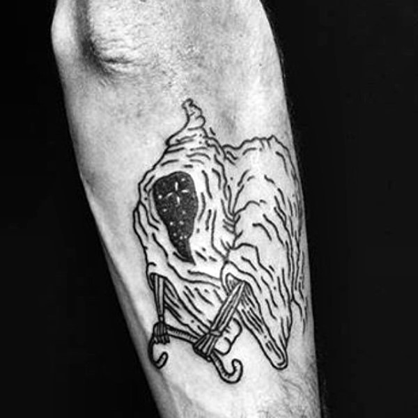 Funny Grim Reaper black and white leg tattoo