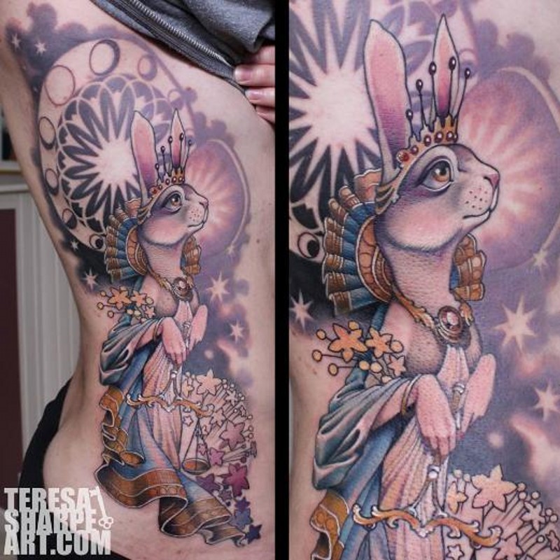 Funny looking big multicolored side tattoo of cute bunny princess