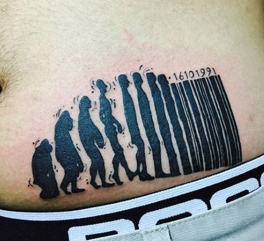 Funny looking black ink belly tattoo of human like barcode