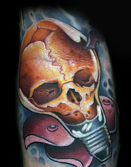Funny looking colored bulb stylized with human skull and flower