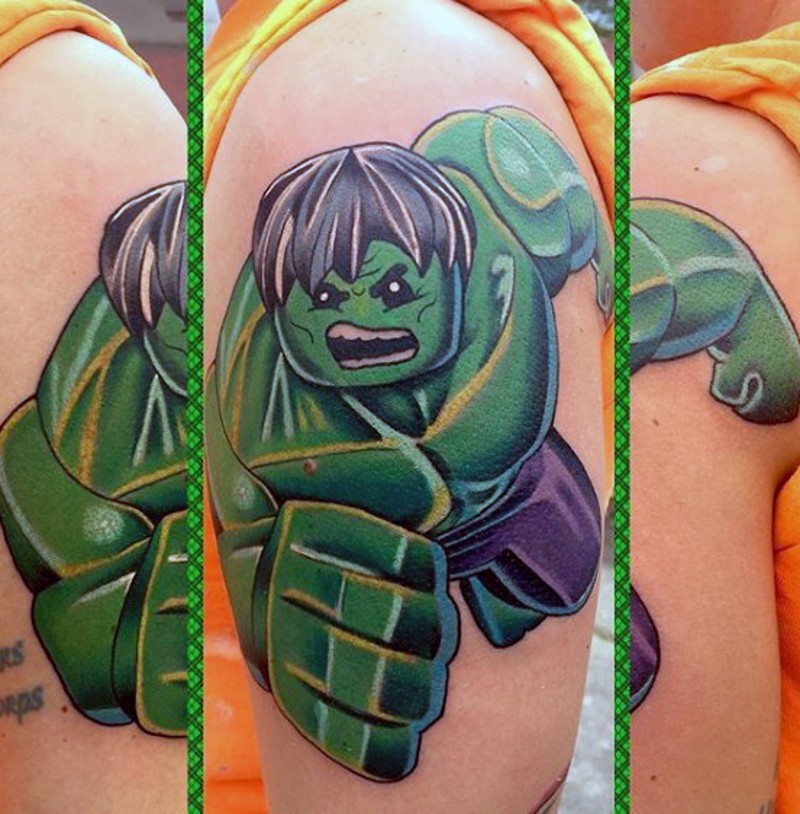 Funny looking colored Lego style shoulder tattoo of angry Hulk