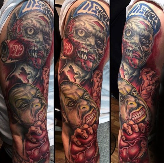 Funny looking colored sleeve tattoo of various zombie monster and human heart