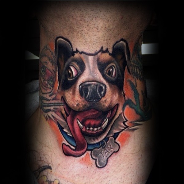 Funny new school style colored smiling dog portrait tattoo on leg with lettering
