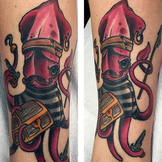 Tatuaje en la pierna,
calamar rojo divertido con tesoro y pistola