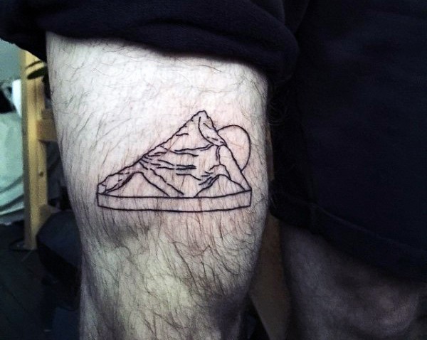 Funny pizza shaped mountain black ink tattoo on thigh