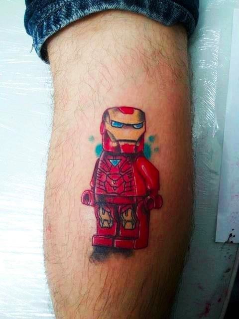 Funny red colored detailed leg tattoo of Lego Iron man