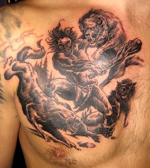 Tatuaje en el pecho, 
guerrero fuerte lucha con lobos