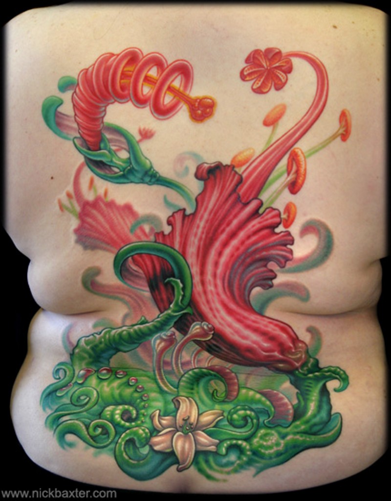 Futuristic fantasy style flowers colored tattoo on back with unusual details