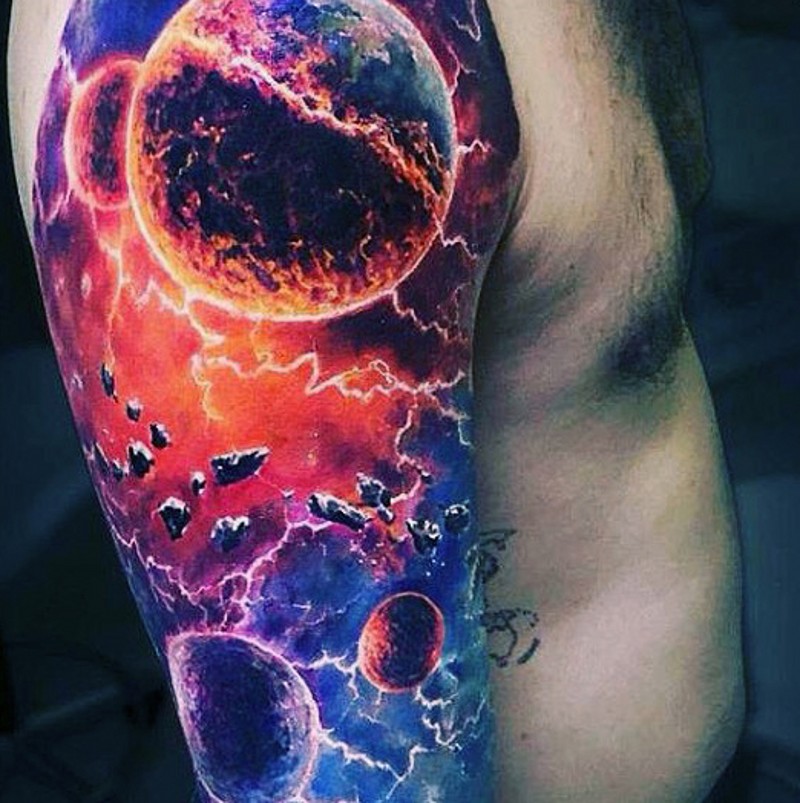 Futuristic multicolored space tattoo on sleeve zone