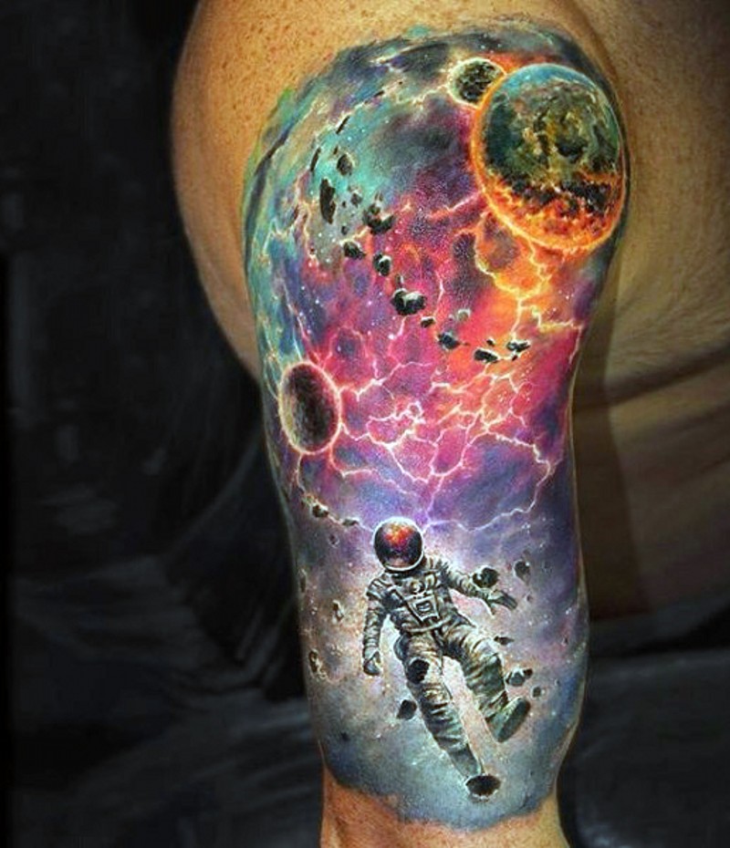 Futuristic style multicolored astronaut in deep space half sleeve tattoo