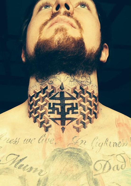 Geometric amazing symmetrical throat tattoo